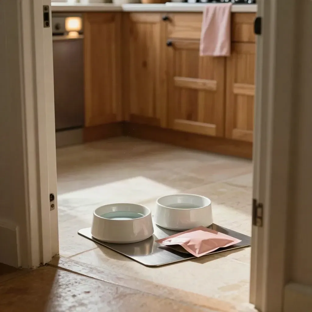 Cucina di casa con ciotole pulite, acqua fresca e bustina cibo vicino alla soglia per il gatto.