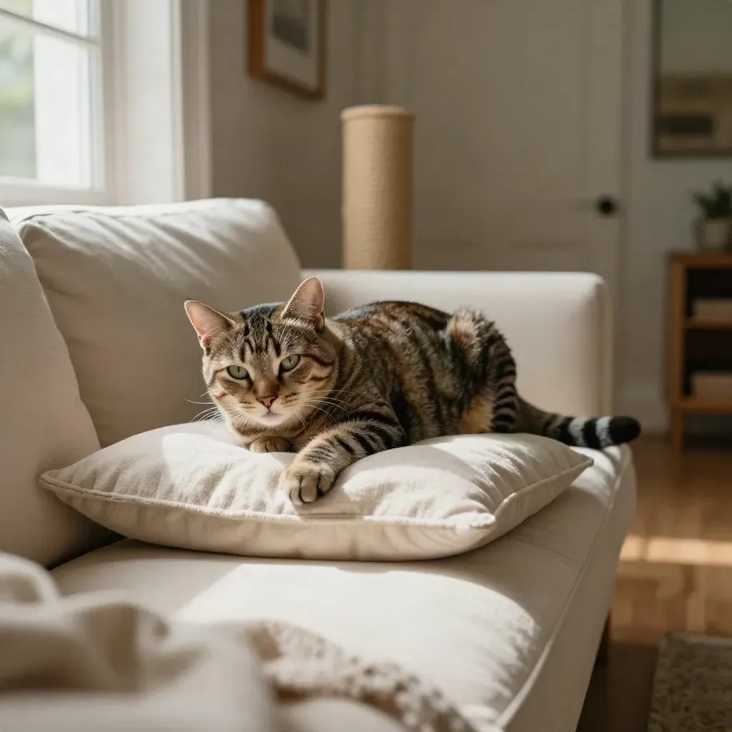 Gatto tigrato rilassato sul divano, luce naturale e tessuti morbidi nel soggiorno.