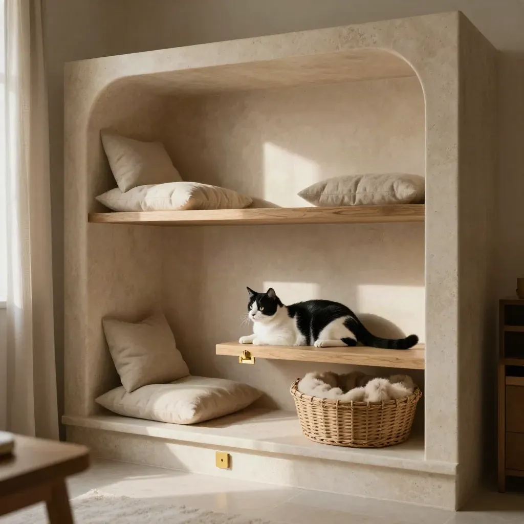 Stanza elegante di pensione per gatti con gatto bianco e nero che si allunga su una mensola.
