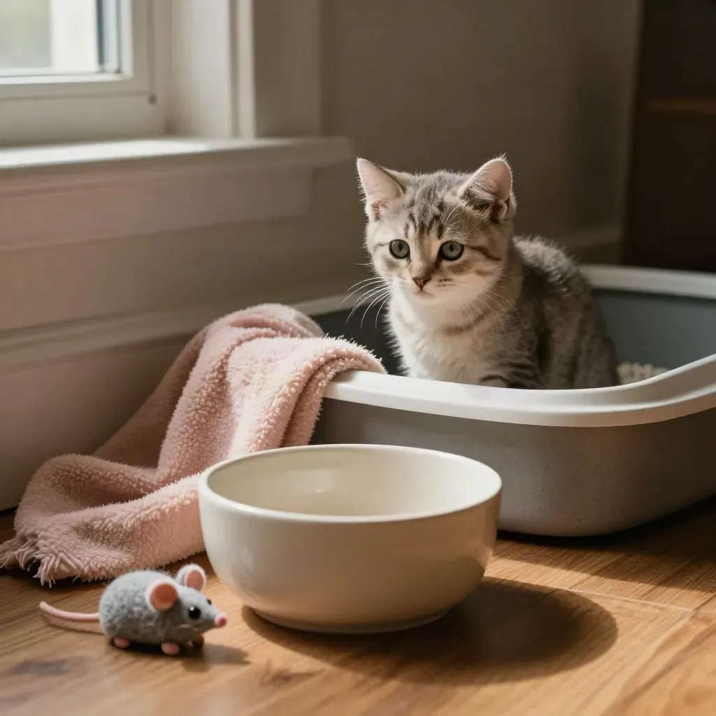 Angolo per gattino con ciotola, lettiera, copertina rosa cipria e giocattolo di feltro.