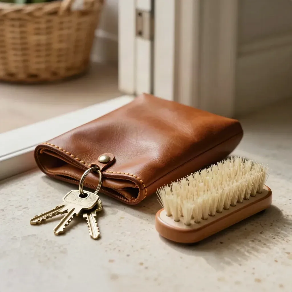 Porta-premi in pelle, chiavi in ottone e spazzola per gatto su travertino chiaro.