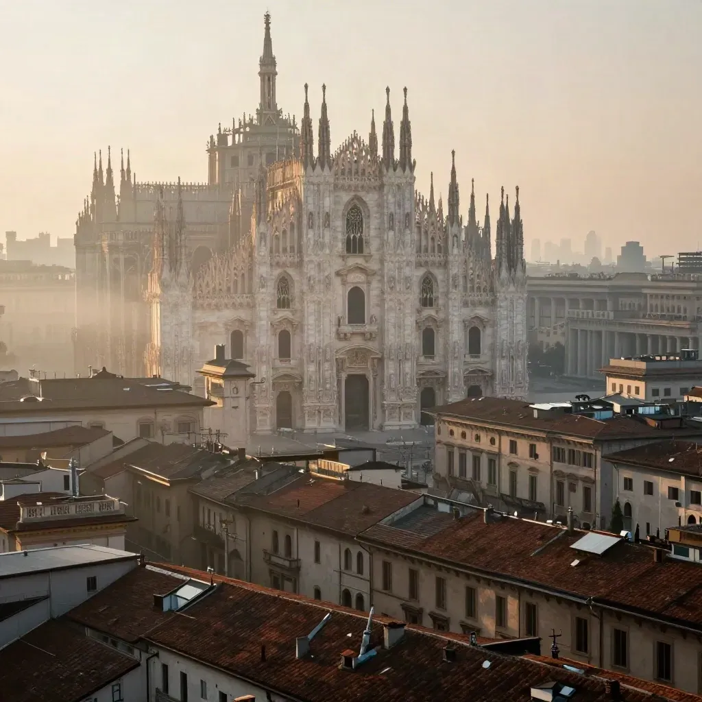 Duomo di Milano all’alba, tetti di cotto nella foschia dorata, vista alta e calma.